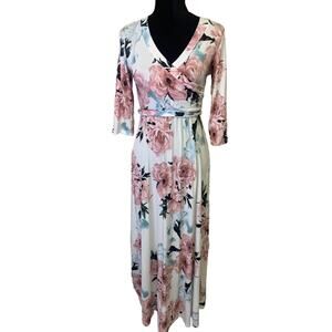 Vanilla Bay Maxi Dress Womens Small White w/Pink Floral Belt V-Neck Long Sleeves